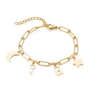 Cross Paper Clip Chain Love Lock Key Pendant Lucky Women Girl Gold Plated Stainless Steel Charm Bracelet