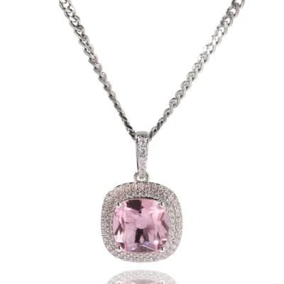 Hip Hop Jewelry Pink Square Gem Pendant Necklace Electroplating White Gold Diamond Necklace High-End Luxury Jewelry