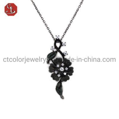 925 Sterling Silver Fashion Jewelry Black Plated Flower Necklace For Women Special Gif