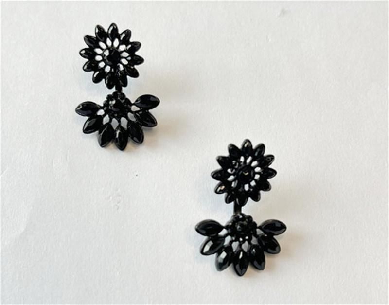 Black Jet Coated Flower Underear Front and Back Floral Stud Earring for Women Jewelry or Gift