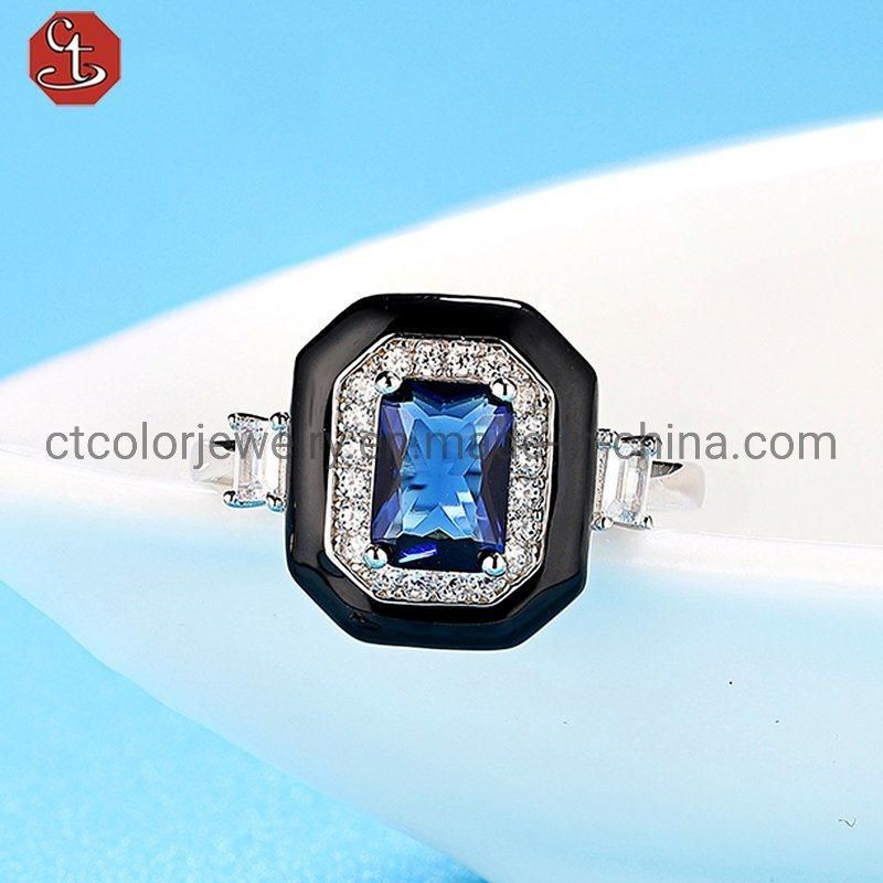 Big Luxury Jewelry trendy 925 silver Enamel shaped squar Ring