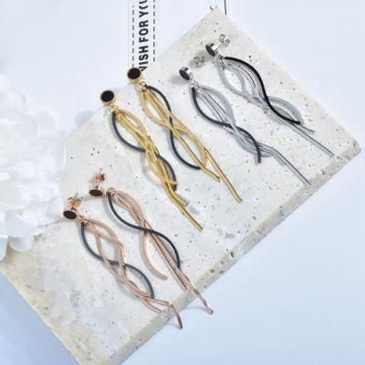 Stainless Steel Geometric Gold Plated Wavy Flat Snake Chain Long Tassel Round Black Shell Dangle Drop Stud Earrings for Women