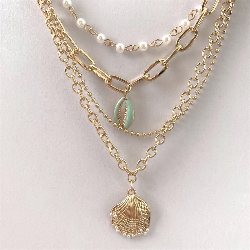 Manufacture 4 Layered 18K Gold Plated Jewelry Fashion Green Enamel Shell Shape Pendant Pearl Necklace for Ladies