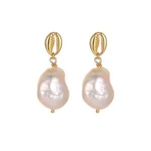 18K Gold Plated S925 Silver Baroque Fresh Water Pearl Shell Stud Women Earrings