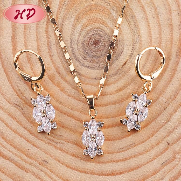 Fashion Wedding Silver Gold Plated Alloy Ring Necklace Earring Jewelry Set with Crystal CZ Pearl