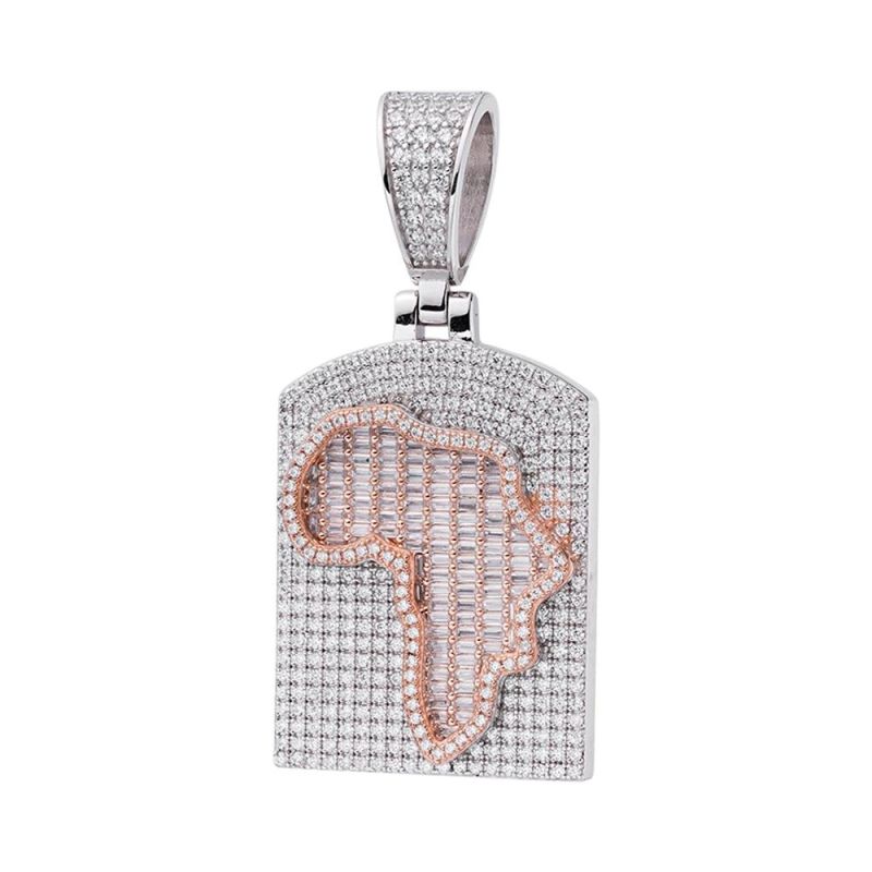 Hip Hop 14K Rose Gold Plated Two Tone Bling Iced out Baguette CZ Africa Map Pendant