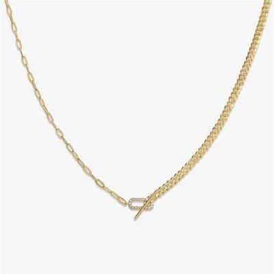 2022 Trendy Popular 18K Gold Plated 2 Different Type Chains Safety Pin Shape Toggle Clasp Necklace for Women