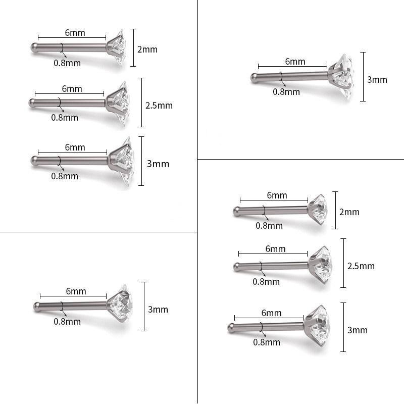 20g G23 Titanium Nose Rings Studs Piercing Body Jewelry Inlaid /Star/Heart/Round/Square CZ/2.0/2.5/3.0mm
