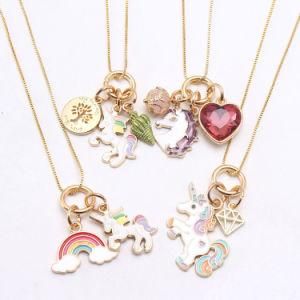 Box Chain Children Necklace Enamel Rainbow Cartoon Kids Unicorn Pendant Alloy Necklace