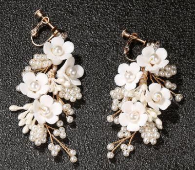 Bridal Wedding Pearl Ceramic Flower Earrings. Silver Crystal Earrings