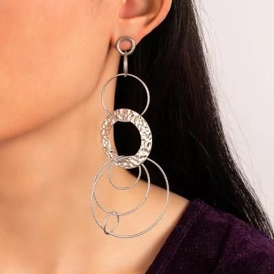 Manufacture Rhodium/Gold Plated Fashion Long Trend 2022 Smooth Circle and Domed Hammered Circle Drop Earrings for Women