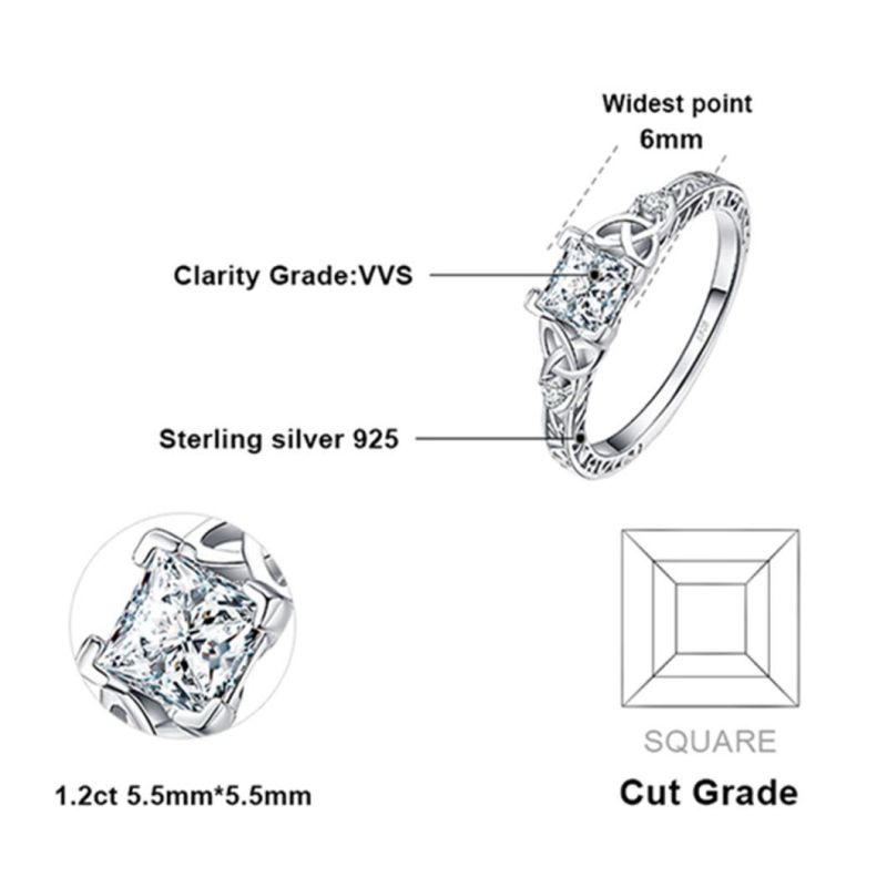 Celtic Knots Princess Cut Cubic Zirconia Solitaire Engagement Rings 925 Sterling Silver Jewelry Women