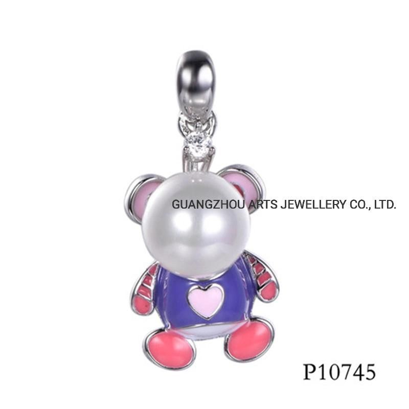 Pink Enamel Flower with a Drop Pearl Silver Pendant