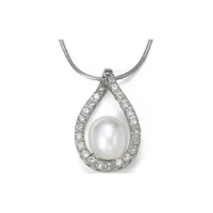 Sterling Silver Freshwater Cultured Pearl and Paved CZ Pendant Necklace