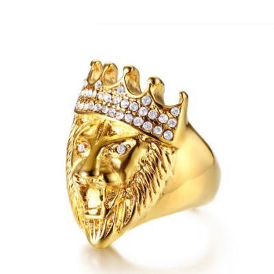 European and American Style Punk Jewelry Stainless Steel Crown Lion Head Gold Men&prime;s Ring