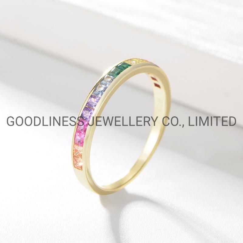 925 Sterling Silver Fine Jewelry Simple Rainbow Color CZ Rings