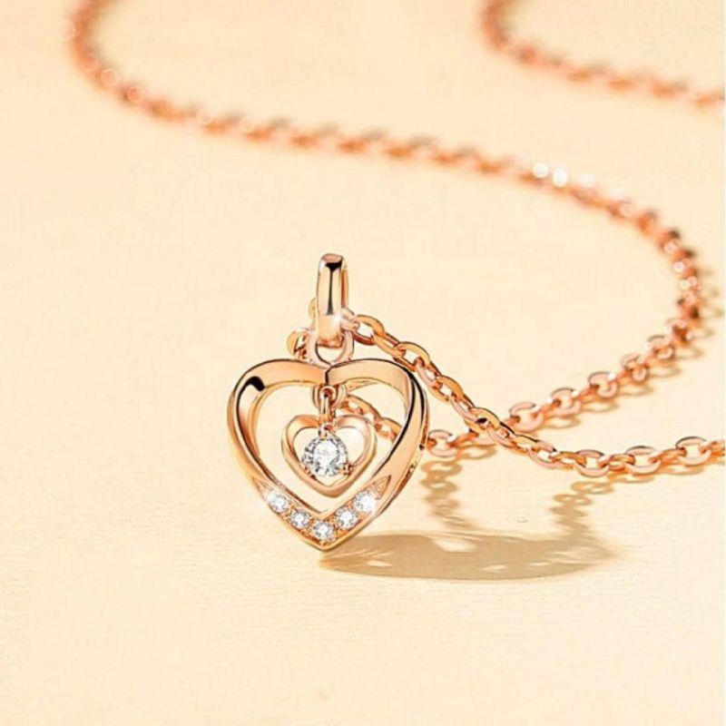 Fashion Pure 18K Rose Gold Plated Diamond Double Hearts Pendant 925 Silver Necklace Women Jewelry Chain Custom