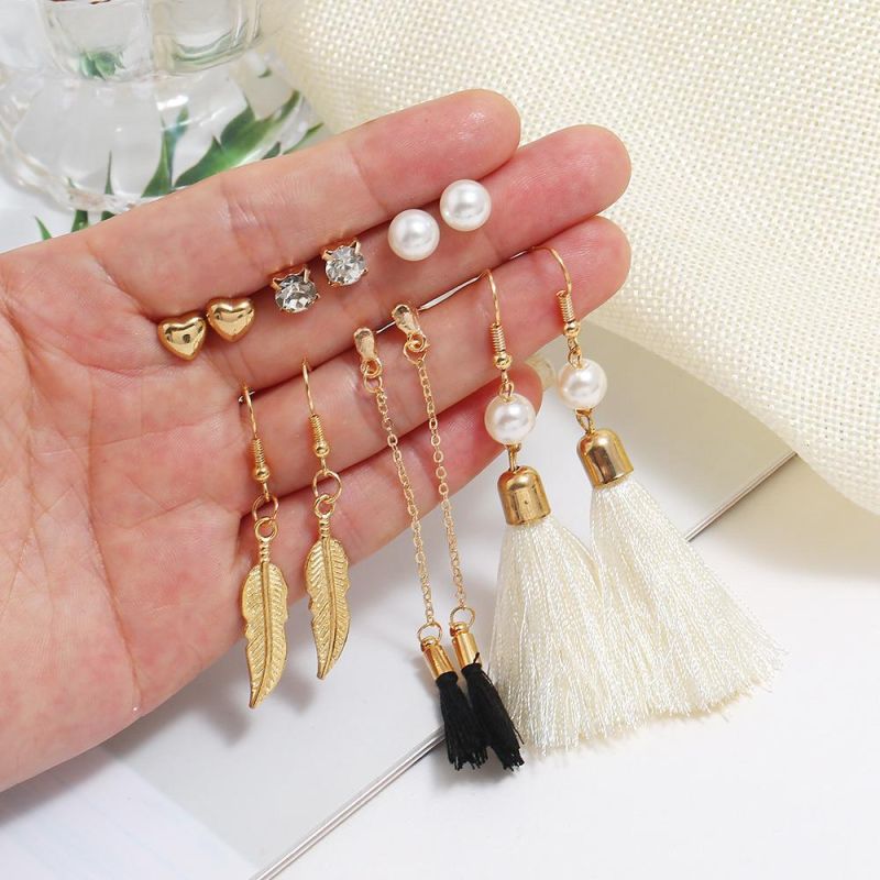 Simple Alloy Ear Set Gold Tassel Hoop and Stud Earrings Set