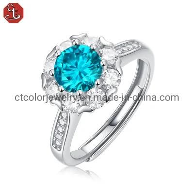 Wholesale Fashion Jewelry 1ct blue moissanite silver ring for wedding party women&prime;s ring