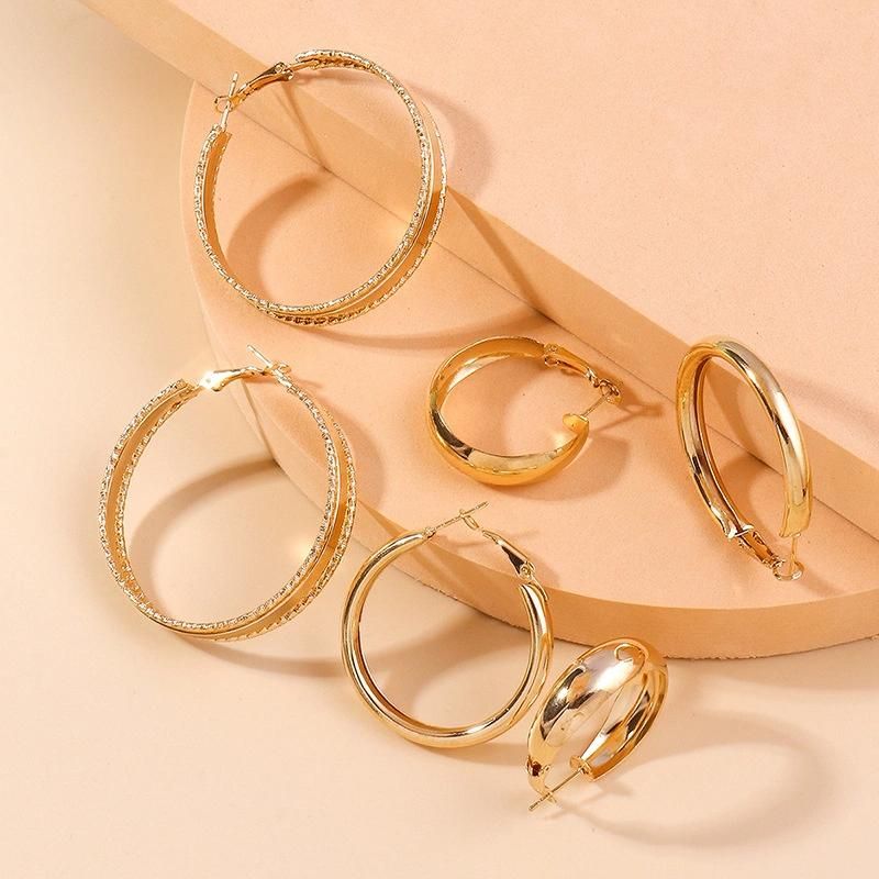 2022 New Design Wholesale Price Manufacture Trendy Multiple 3 Pairs Big Exaggerated Hoop Earrings with Textures and Smooth Triple Earring for Women