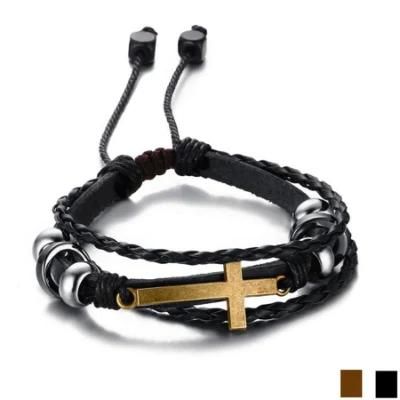 New Products on The Market Alloy Black Stone Cross Adjustable Hand Rope Personality Man Bracelet