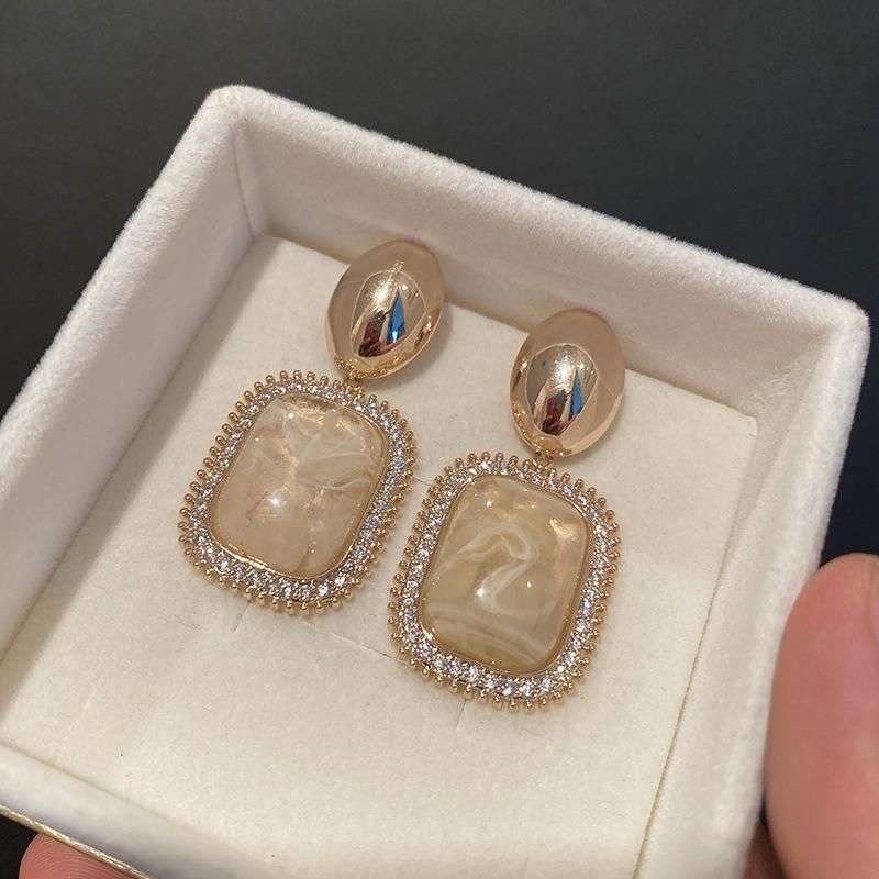 Fashion Jewelry Vintage Style Rectangular Resin Earrings Micro-Set Zirconia Earrings