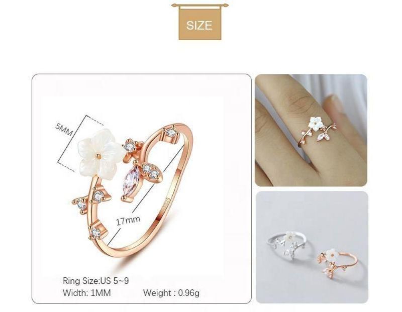 Real 925 Sterling Silver Ring Flower Leaves Zircon Adjustable Ring Women Vintage Fashion Jewelry Girlfriend Gift