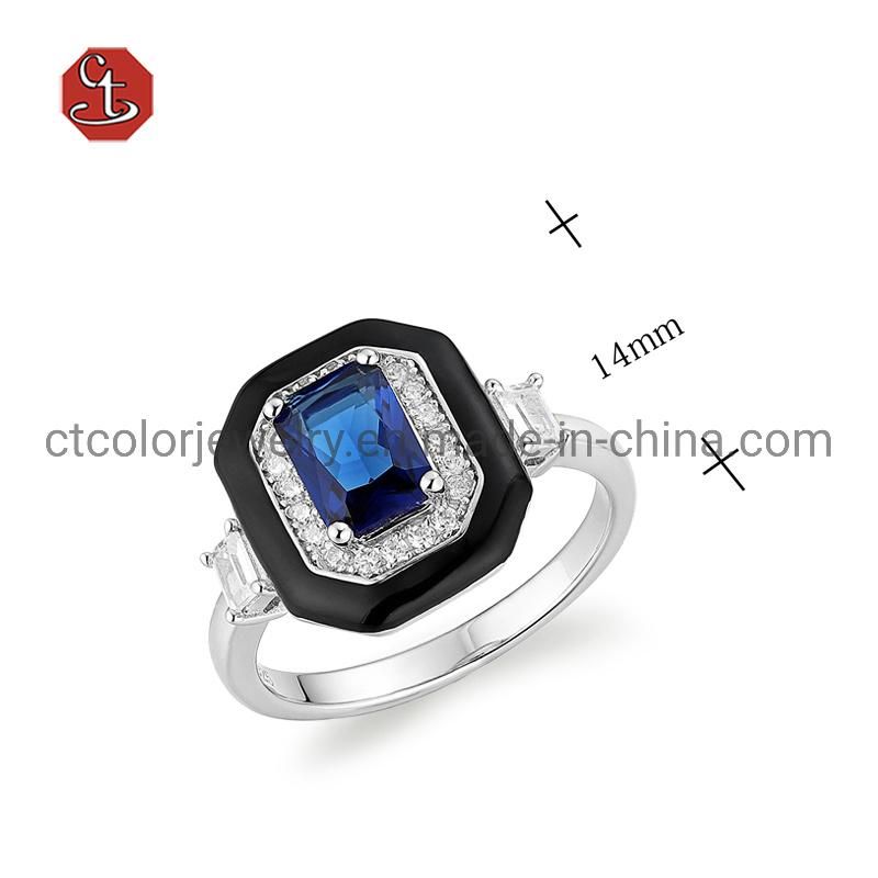 Big Luxury Jewelry trendy 925 silver Enamel shaped squar Ring