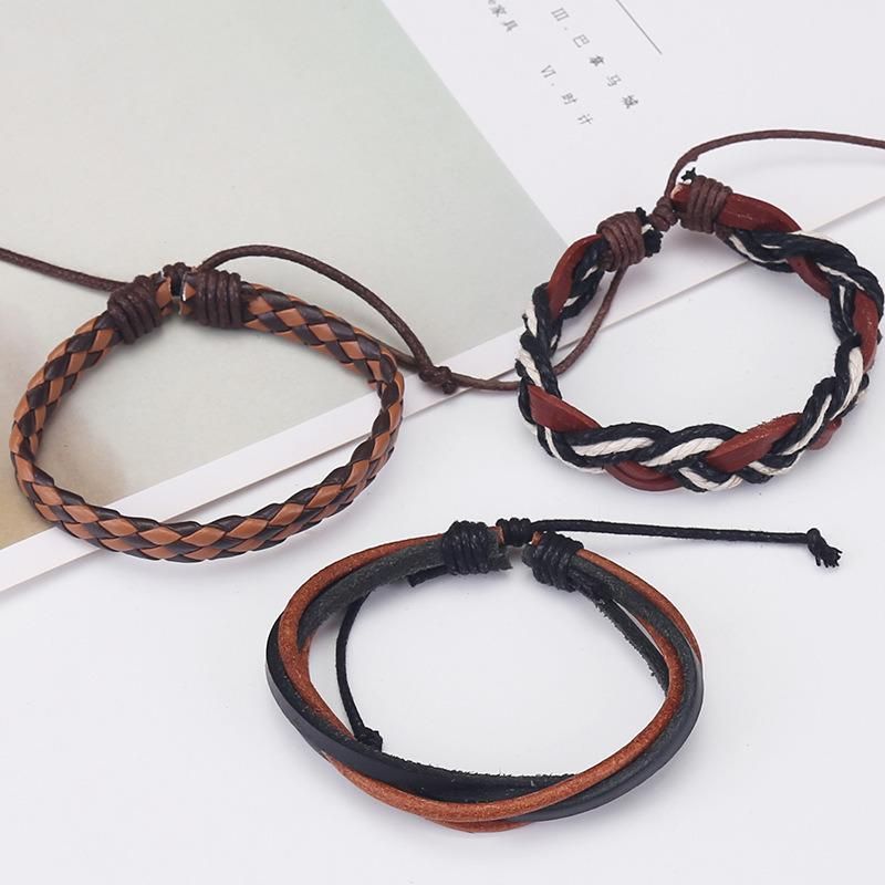 3 Pieces Leather Cuff Bracelet for Men and Women Punk Rock Braided Bracelet Via Brown Black Wristband Handmade Jewelry
