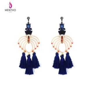 Elegant Crystal Studded Hollow Blue Tassel Alloy Long Women&prime;s Earrings