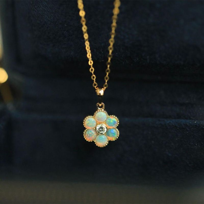 18K Yellow Gold Plated Pendant with Lab Opal Round Shape Gem Opal Zircon Center Stone Necklace