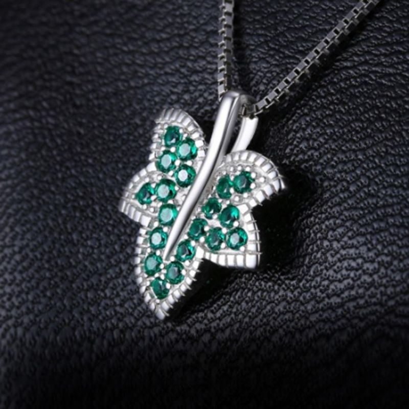 925 Sterling Silver Pendants Milgrain Maple Leaf Pendants Necklace Simulated Emerald Jewellery