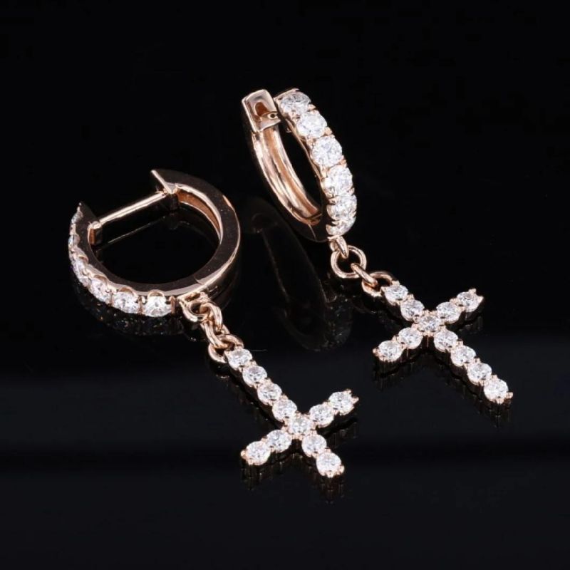 14K 18K Rose Gold Plated 925 Sterling Silver Moissanite Gemstone Cross Hoop New Design Earrings