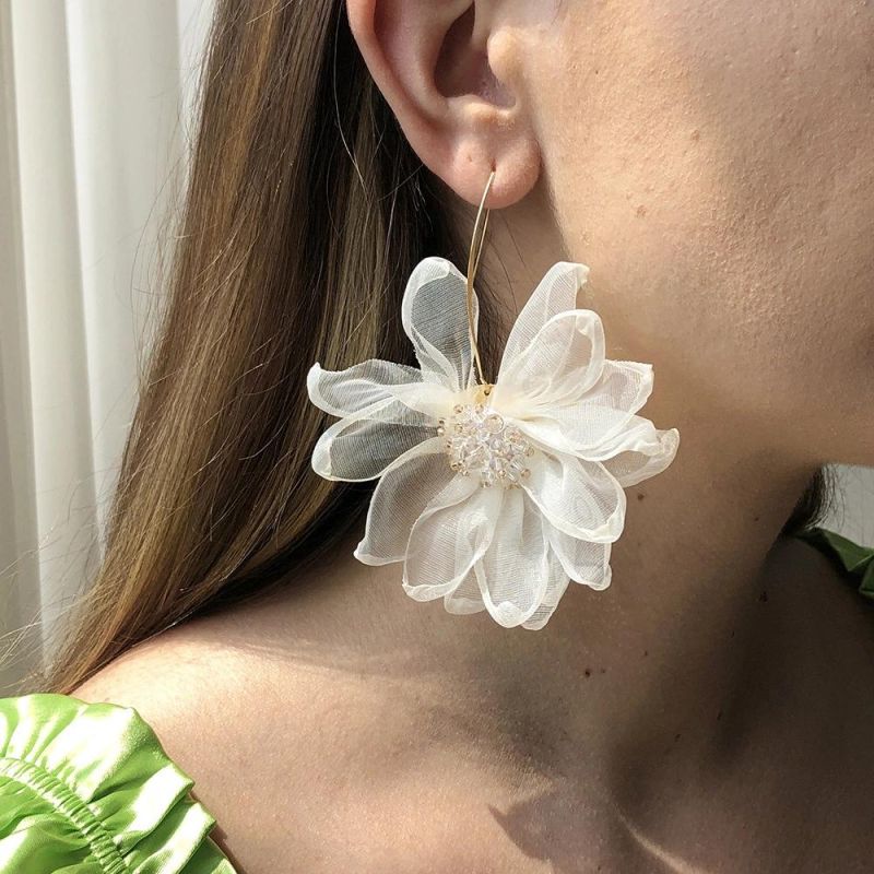 Vacation Style Big Petals Fabric Flower Drop Earrings for Women