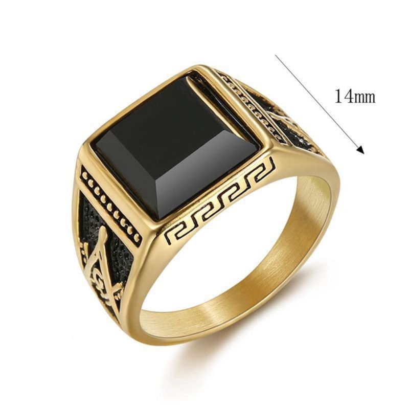 Hot-Selling Classic Retro Rings in Europe and America IP Gold Stainless Steel Black Agate Masonic AG Ring for Men