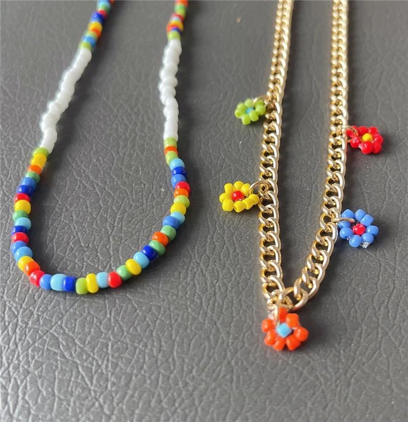 3 Rows Romantic Fashion Gold Plated Flower Chain Necklace Colorful Seed Bead Women Girls Fashion Choker Necklace