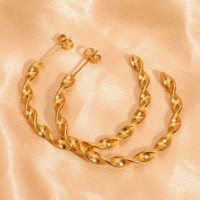 New Trendy Gold Plated Stainless Steel Circle Stud Earrings Hoop C Shape Twist Open Loop Big Earring for Women
