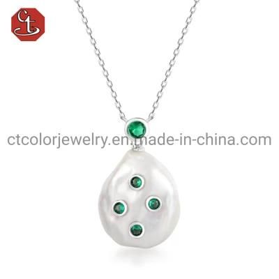 Fashion Jewelry 925 Silver Chain Baroque Pearl Green CZ Necklace for Women