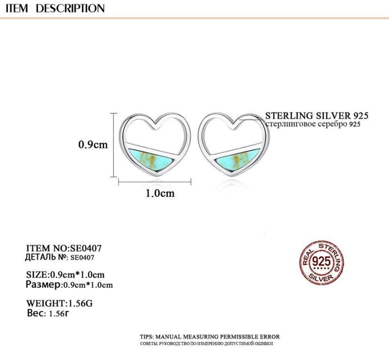 Hollow Turquoise Heart Sterling Silver 925 Ear Studs