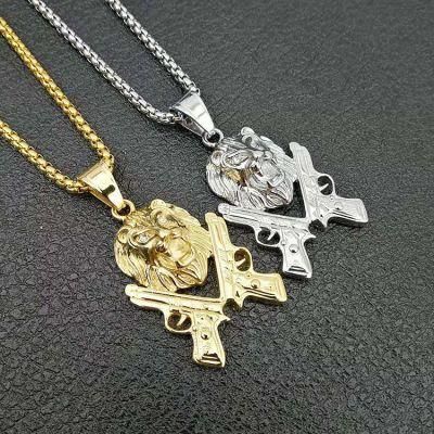 Stainless Steel Double Gun Lion Head Necklace Pendant