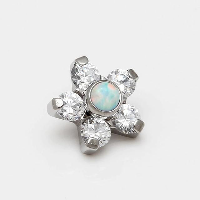 ASTM F136 Titanium Threaded Prong Set 5 Petals Clear CZ Gem and Bezel Set Center S Ynthetic Opal Flower Tops Piercing Jewelry 16g