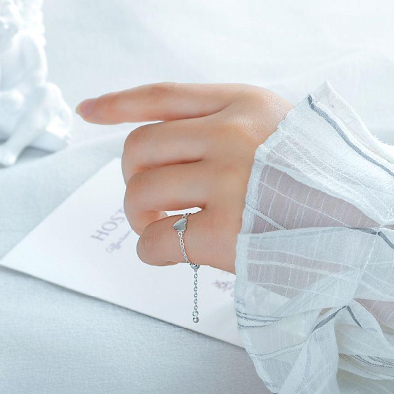 925 Sterling Silver Fashion Romantic Sweet Heart Chain Ring Sizable for Women Wedding Party Fashion Jewelry