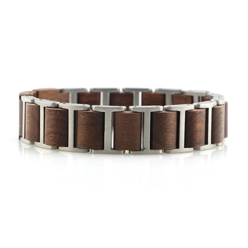 Fashion Natural Wood Stainless Steel Men Bracelet Jewelry
