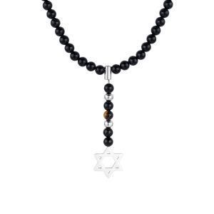 Fashion Men Jewelry Stainless Steel Star Pendant Black Onyx Marble Smooth Round Beads Necklace