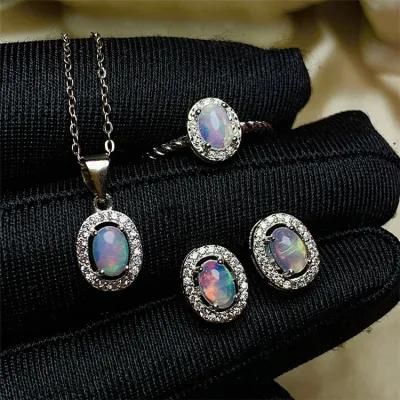 925 Silver Inlaid Natural Opal Set with Unique Style, Simple and Generous Wholesale