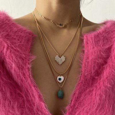 Fashion Jewelry Vintage Tophus Geometric Zircon Necklace Ornaments Female Personality Heart-Shaped Eyes Embossed Multiple Necklace