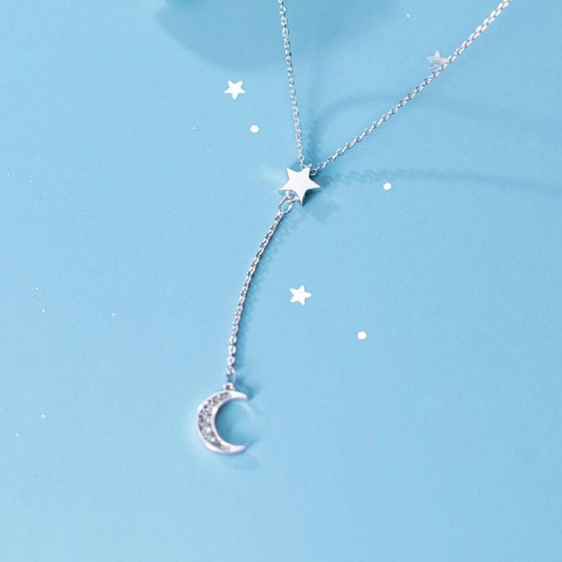 925 Sterling Silver Moon Star Zircon Y Style Pendant Necklace for Women Girls Light Luxury Party Jewelry Gift