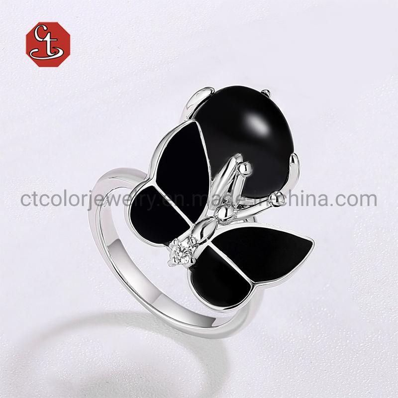 Women Fashion Jewelry Black Butterfly 925 Silver Enamel Ring Shape Finger Ring