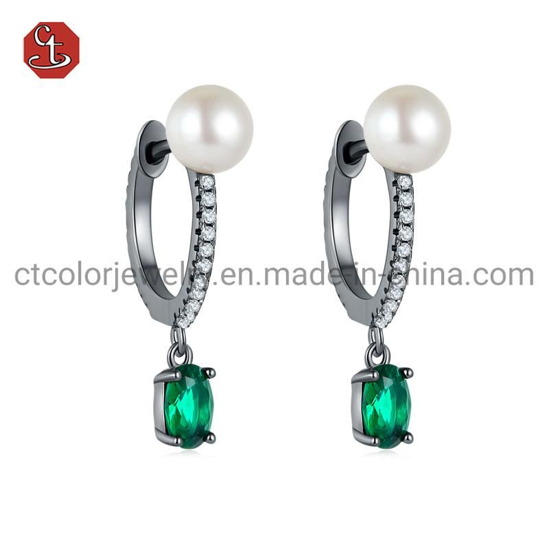 Wholesale Fashion Jewelry Elegant Flower Enamel 925 Sterling Silver Black plated Emerald Stud Earrings Women Jewelry