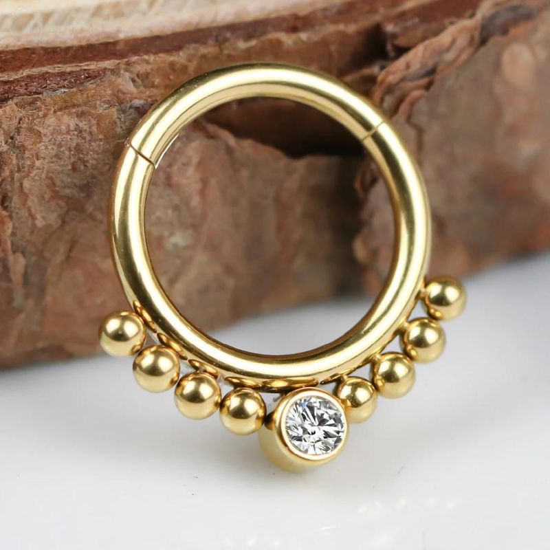 Eternal Metal PVD Gold Titanium Hinged Clicker Nose Rings with Balls and Stone Piercing Jewelry